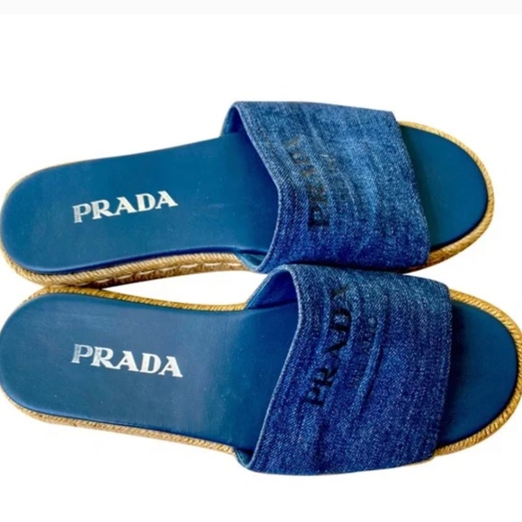 Prada Denim Logo Espadrille Slides - Picture 1 of 3